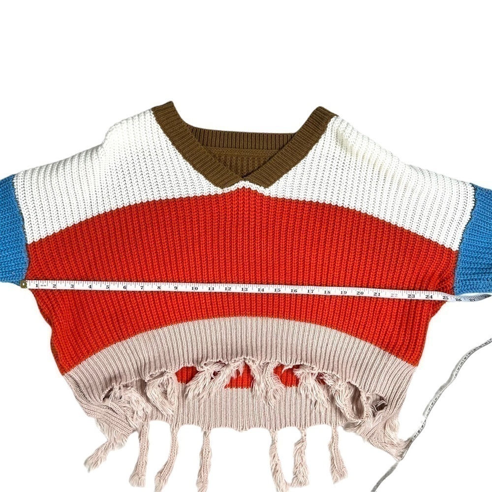 Shein V-Neck Colorblock Blue Orange Drop Shoulder Fringe Hem Sweater Size Medium - Picture 13 of 16